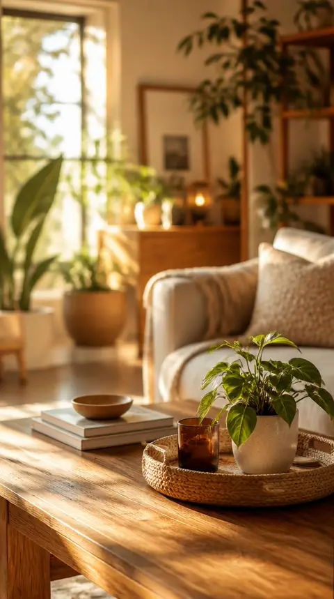 Sala iluminada pelo sol, com plantas
